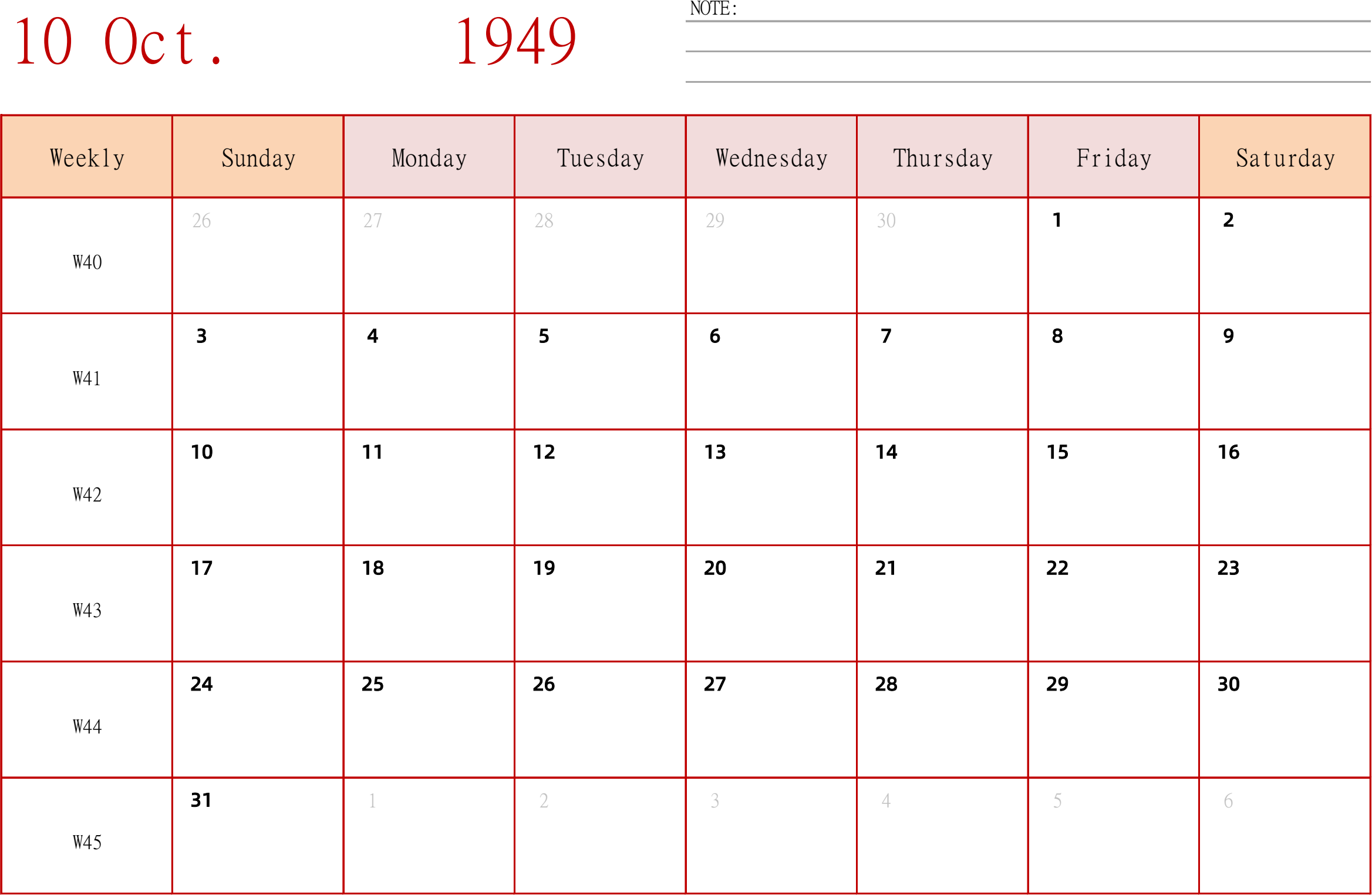 日历表1949年日历 英文版 横向排版 周日开始 带周数